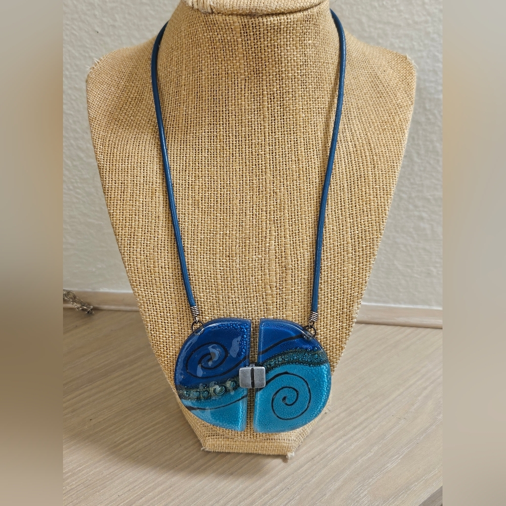 Vintage Murano Glass Lampwork Artsy Waves Fusion Handmade Leather Cord Necklace View 2